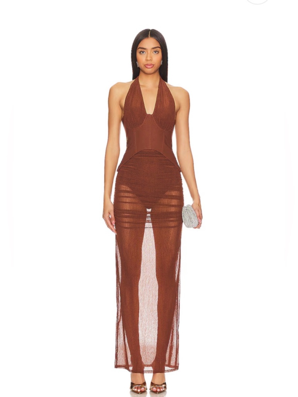 Camila Coelho Carolina Midi Halter Dress in Brown Mesh Corset S